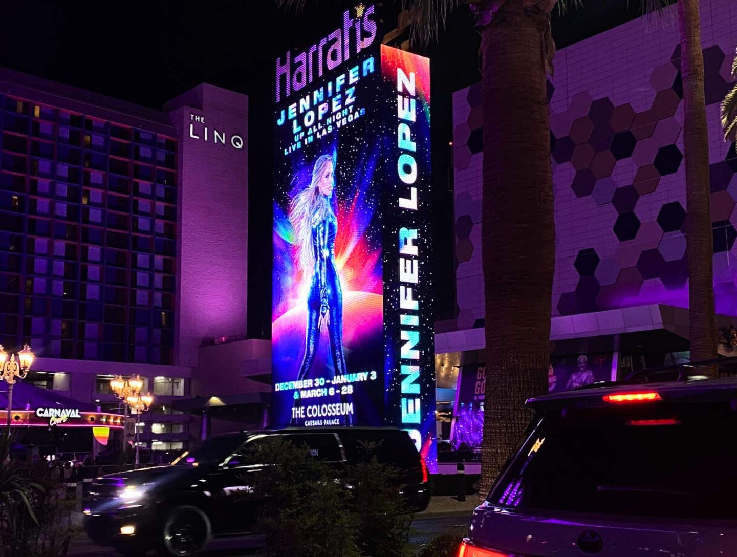 Jennifer Lopez's residency art on a HArrah's sign