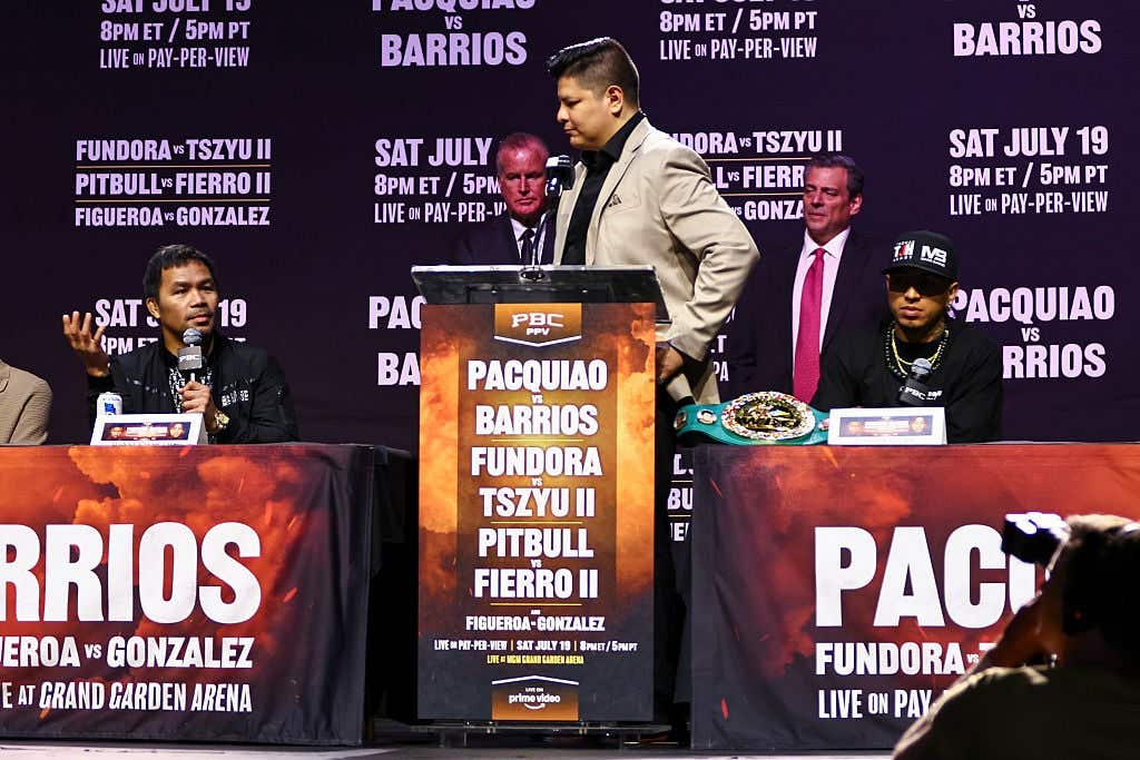 LOS ANGELES, CALIFORNIA - JUNE 03: Manny Pacquiao (L) speaks prior to his WBC welterweight fight versus Mario Barrios at The NOVO at L.A. Live on June 03, 2025 in Los Angeles, California. (Photo by Melina Pizano/Getty Images)