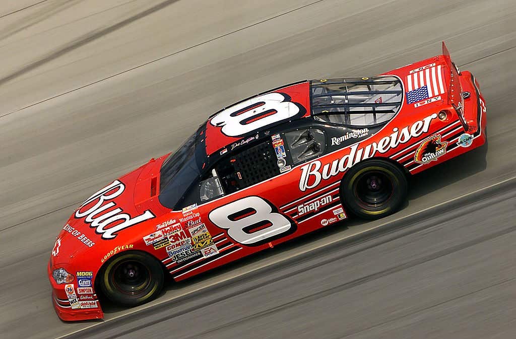 Dale Earnhardt, Jr. in his #8 car drives his way to a victory at a race.