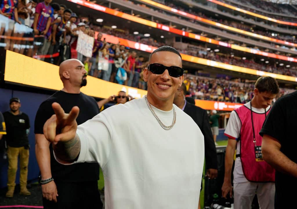 INGLEWOOD, CALIFORNIA - JULY 26: Latin rapper Daddy Yankee attends the pre-season friendly match between Arsenal and Barcelona at SoFi Stadium on July 26, 2023 in Inglewood, California. (Photo by Kevork Djansezian/Getty Images)
