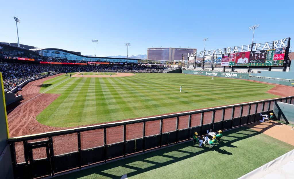 LAS VEGAS, NEVADA - MARCH 09: A general view shows the Arizona Diamondbacks and the Athletics playing in the fifth inning of a spring training game at Las Vegas Ballpark on March 09, 2025 in Las Vegas, Nevada. The Diamondbacks defeated the Athletics 7-5. (Photo by Ethan Miller/Getty Images)