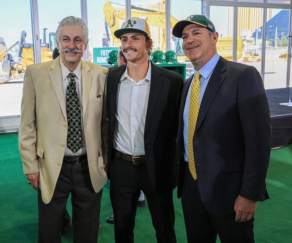 LAS VEGAS, NEVADA - JUNE 23: (L-R) National Baseball Hall of Fame member and former Oakland Athletics pitcher Rollie Fingers, Sam Fingers and principal owner John Fisher of the Athletics attend a ceremonial groundbreaking for the USD 1.75 billion, 33,000-seat domed stadium for Major League Baseball's Athletics on June 23, 2025 in Las Vegas, Nevada. The ballpark is being built on nine acres of the 35-acre former site of the Tropicana Las Vegas, which was imploded in October 2024. The A's expect to have the ballpark ready for Opening Day in 2028. (Photo by Ethan Miller/Getty Images)