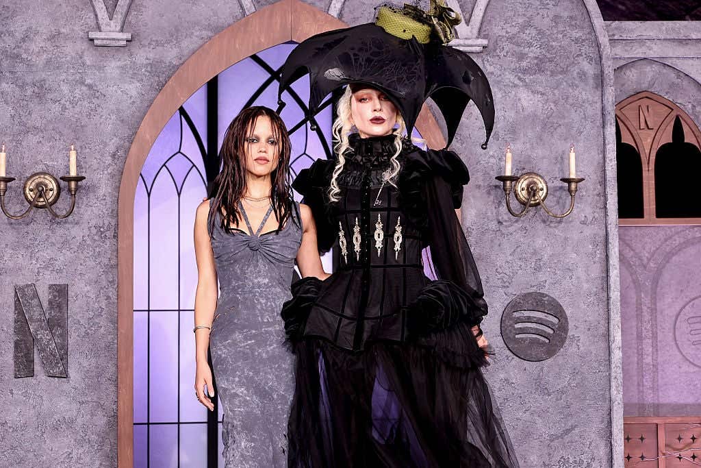 Jenna Ortega and Lady Gaga attend the Netflix x Spotify Wednesday Season 2 Graveyard Gala